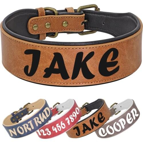 Personalized Leather Dog Collar Necklace Wide Padded Pet ID Collars Free Print Dogs Name Collars for Medium Large Dogs Bulldog