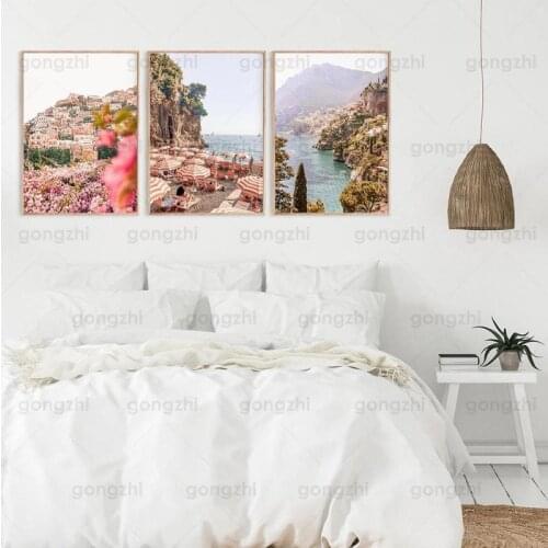 Landscape Canvas Painting Pink Dream Mediterranean Home Living Room Bedroom Cafe Flower Shop Wall Decoration Printing Poster