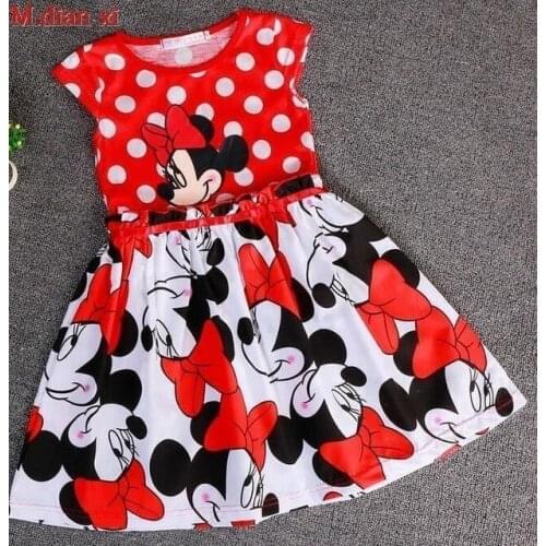 Girls Dress Summer New Girls 100% Cotton Round Neck Sleeveless Big Dot Minnie Cartoon Short-sleeved Pure Princess Dress 3-7y