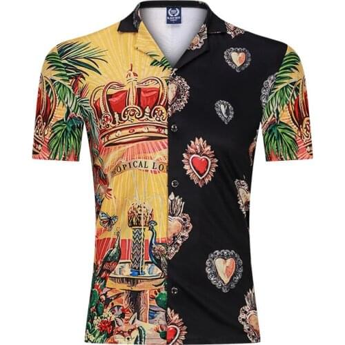 Shirt Vintage Crown Printed Shirts Streetwear Short Sleeve Camisa Loose Men Shirt Summer Hawaiian Vacation Party Casual Shirts