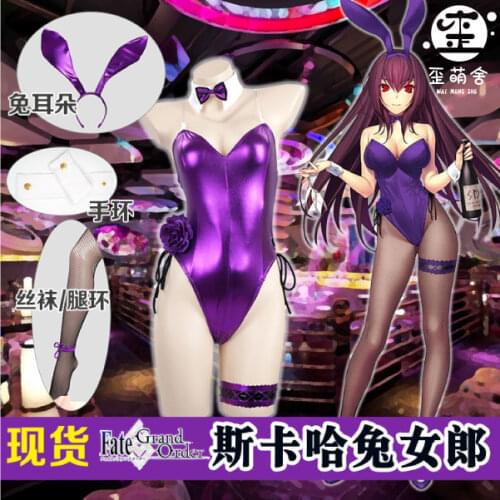 Sexy Costume Fate Grand Order Game Cos Fgo Scathach Cosplay Bunny Girl Jumpsuit With Purple Rabbit Hair Band Fishnet Stocking