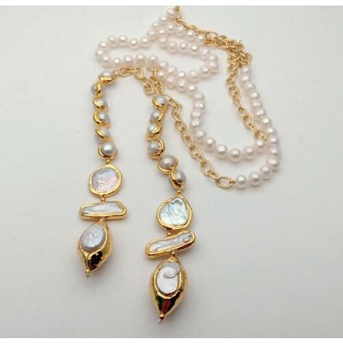 YYGEM Natural multi shape freshwater pearls gold plated sweater Chain Long Necklace For Women 52