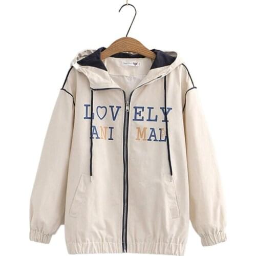 Womens Hooded Jacket Letter And Cartoon Print Long Sleeve Bomber Jacket Casual Zipper Outwear Coats