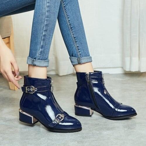 PXELENA Buckle Metal Front Zip Women Boots Short Chunky Med Heels Patent Leather Gothic Punk Shoe Street Biker Motorcycle