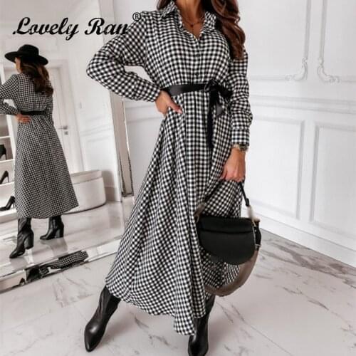 Autumn Long Sleeve Plaid Vintage Women Dress Belt High Waist Turn Down Collar Female Midi Dresses 2021 Elegant New Lady Clothes