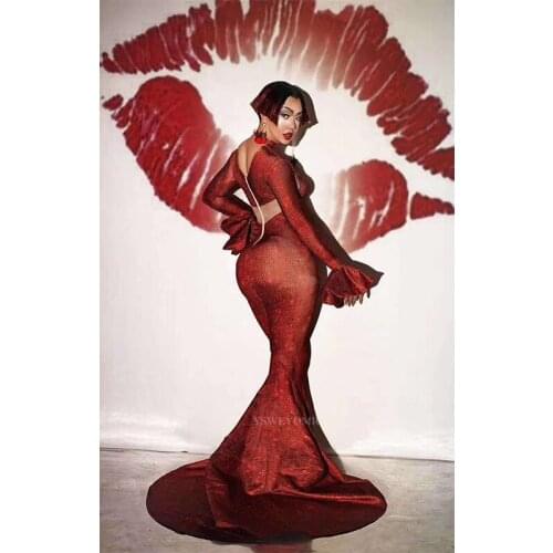 Women Long Sleeve Red Rhinestones Dress Sexy Party Women Glitter Spandex Big Streatch Club Party Prom Dresses