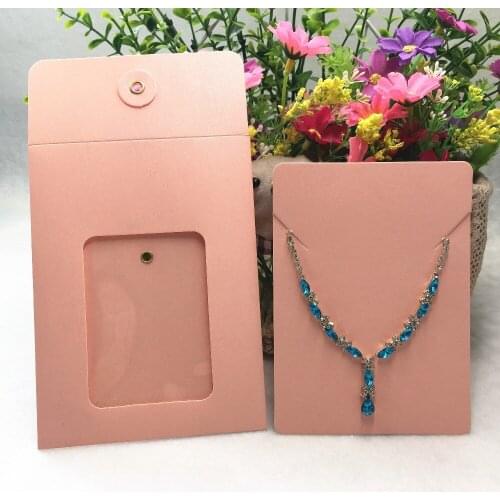 50 sets Pink Color Paper Handmade Pendant Packaging Display Card Bags with Transparent PVC Window,Necklace Card with Gfit Bags