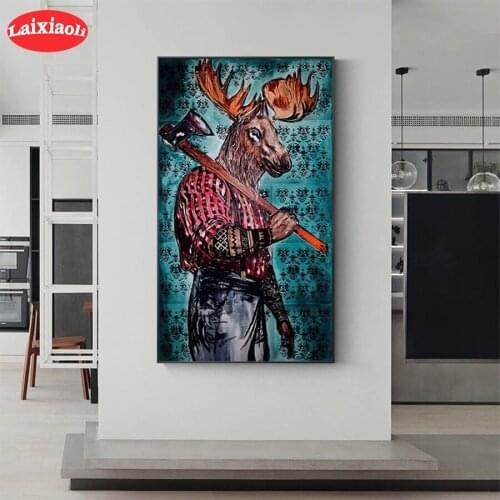 Diamond Painting Abstract elk carrying axe Full Drill Square DIY Diamond Embroidery Cross Stitch Mosaic round Home Decor