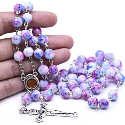 Handmade Rosary Necklace with Holy Virgin Cross Jesus Crucifix Prayer Beads Catholic Religious Ornament Christian Prayer 85DA
