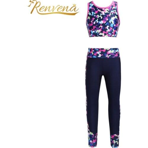 Kids Girls Ballet Gymnastics Dancewear Outfit Dance Sets Digital Printed Sweatsuits Mesh Racer Back Tanks Crop Top + Leggings