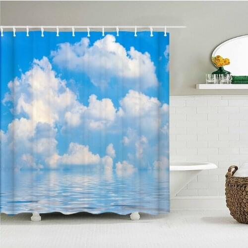 Blue Sky and White Clouds Pattern Printing Landscape Shower Curtain Waterproof Bathroom Curtain with Hook Shower Curtain