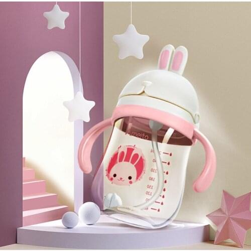 Cute Rabbite Baby Feeding Cup with Straw Pp Baby Bottle Children Learn Feeding Drinking Handle Kids Water Bottles Training Cup
