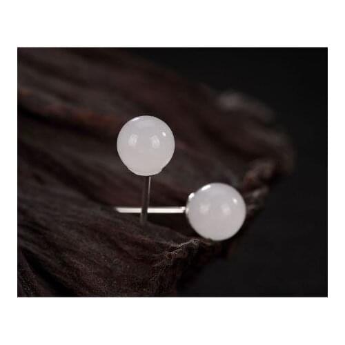 Natural 925 sterling silver inlaid hetian jade white jade round beads retro earrings jewelry simple individuality for women