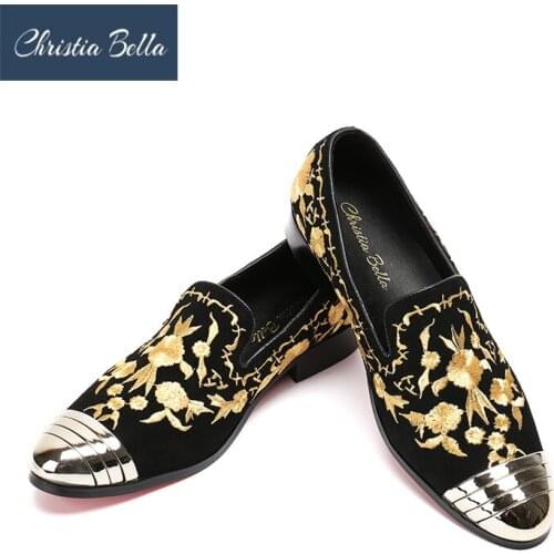 Christia Bella New Fashion Mens Customized Shoes Gold Line Embroidery Genuine Leather Loafers Party Shoes Zapatos Mujer