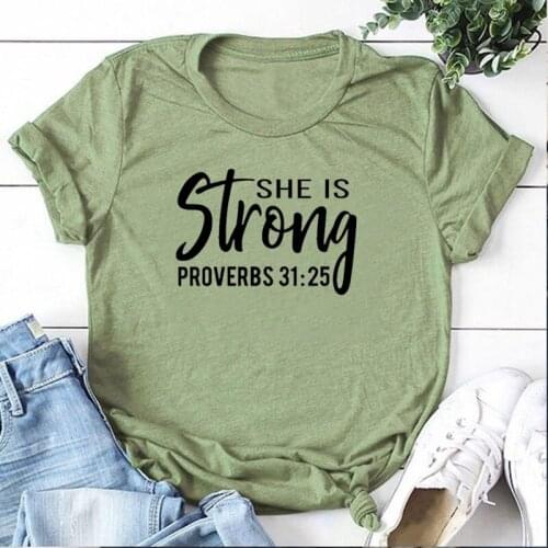 She Is Strong Proverbs Slogan Women Tshirt Christian Streetwear Harajuku girl Clothing Cotton Shirt O Neck Short Sleeve Top Tees