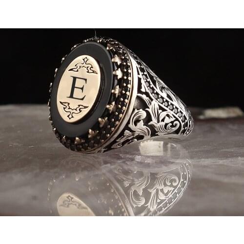 Personalized Letter Onyx Stone Silver Ring