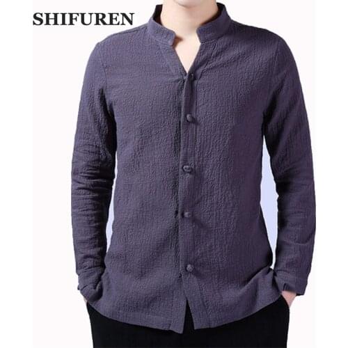 SHIFUREN Breathable Men Cotton Linen Shirts Chinese Tradition Style Long Sleeve Male Social Shirts Stand Collar Tops Blouse