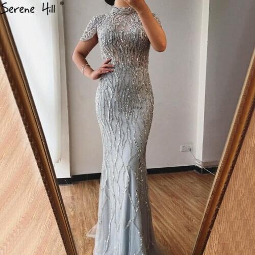 Grey Mermaid Cap Sleeves Evening Dresses Luxury Beading Sparkle Formal Dress Evening Gown 2020 Serene Hill BLA70649