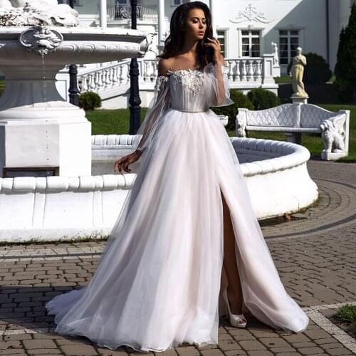 A-Line Wedding Dresses Side Split Boho Vestido De Noiva With Detachable Puff Sleeves Beach Wedding Gowns Beaded Bride Dress