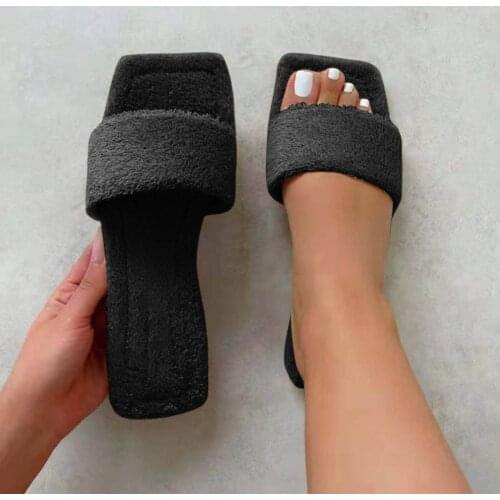 Womens Home Slippers Fashion Square Toe Pure Color Furry Comfortable Casual Indoor Bedroom Flat Non-slip Soft Cotton Slippers