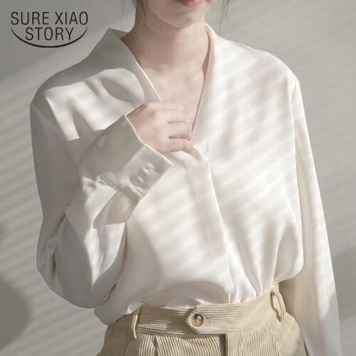 2021 Spring Autumn White Women Blouse and Tops Office Lady Chiffon Shirts Women Long Sleeve V Neck Vintage Female Clothing 12609