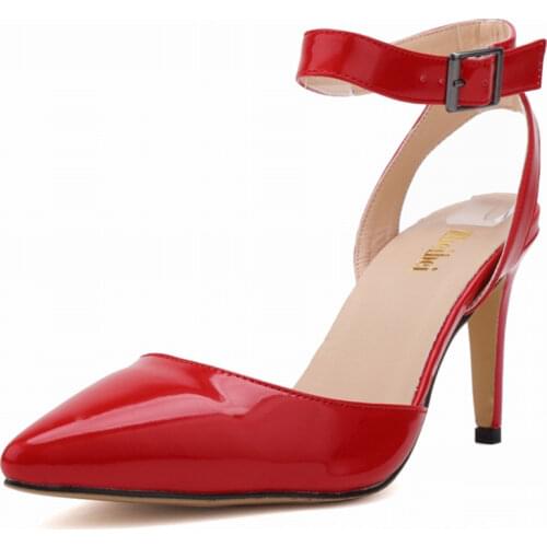 New Solid Patent Leather Pointy Toe Ladies Sandals Shallow Ankle Strap Sexy Party High Heel 8cm Shoes Women Summer Wedding Pumps