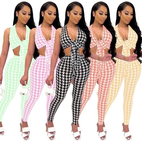 2021 Women Set Houndstooth Print Sleeveless V-neck Bandage Crop Tops Pencil Pants Two Piece Set Tracksuit Summer Outfits