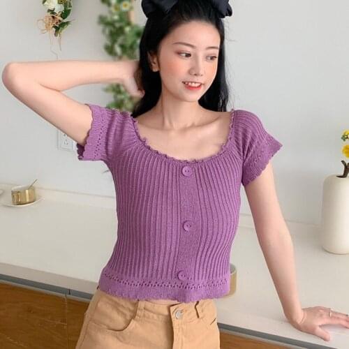 Sweet Women Button Top Fashion Square Collar Short Sleeve Slim Pullover T-shirt Sweet Ruffles Knitted Hollow Out T Shirt