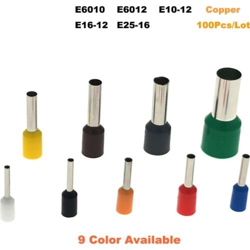 100Pcs Copper Tube Insulated Cord End Crimp Terminals Electrical Wire Connector E6010~E25-16 Cable Ferrules VE 10-4AWG 6-25mm2