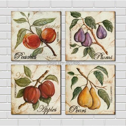 4 Pieces Beautiful Fruits Still Life Wall Art painting of Apples and Peaches and Plums and Pears print on canvas for Home decor