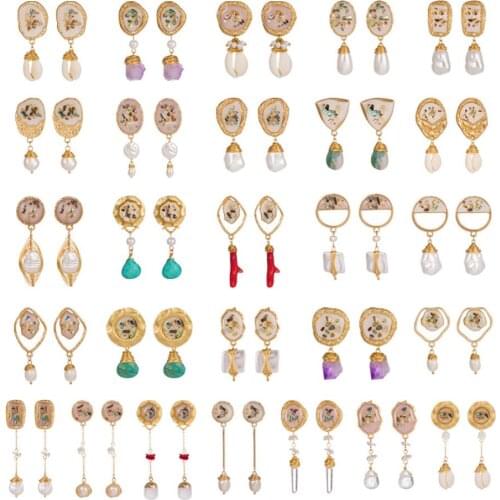 Perspex Nature Shell Chips and Wired Pearls Women`s Fashion Post Drop Earrings