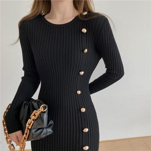One Piece Elegant Autumn Winter Sweater Dress Women O Neck Slim Fit Bodycon Dress Robe Single Breasted OL Knitted Mermaid Dress