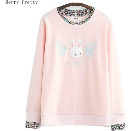 Harajuku Cartoon Rabbit Embroidery Cotton Hoodies Sweatshirt Women 2021 Summer New Ladies Long Sleeve O-neck Tops Tracksuit