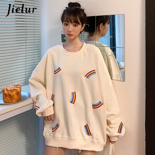 Jielur Korean New Autumn Womens Sweatshirt Rainbow Embroidery Casual Female Hoodies Orange Black White Hoody Loose Chic M-XXL