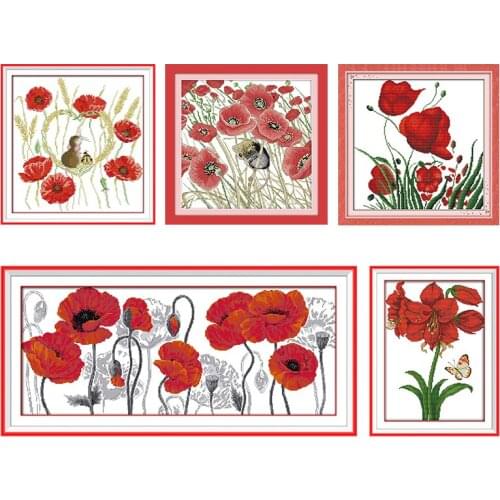 Cross Stitch Embroidery Needlework Kits Poppy and Mouse Stamped Patterns 11CT 14CT Printed Counted Thread Crafts Decoration Sets