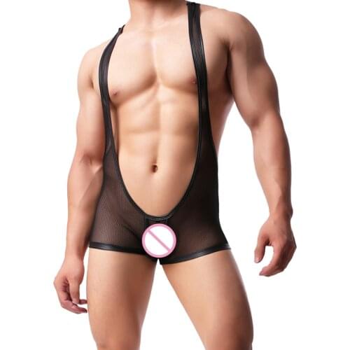 Mens Wrestling Singlet One Piece See Through Mesh Bodysuits Underwear Stretch Tight Unitard Leotard Gay Sexy Jockstrap