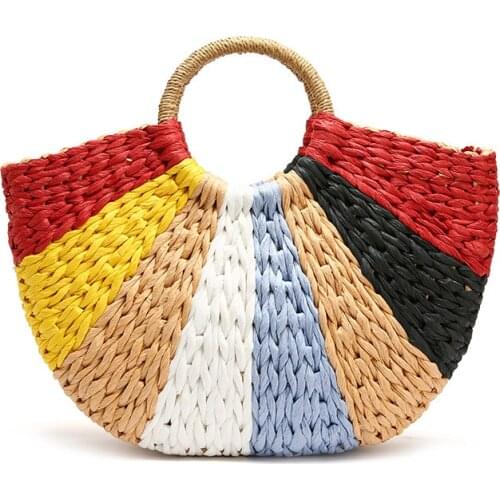 Fashion New Color Patchwork Straw Bag Hand-woven Bag Simple Retro Casual Handbag Big Bag