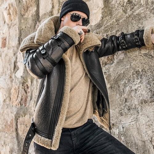 Men Winter Thicker Fur one Leather Coat Mens Double Collar Sheepskin Leather Jacket High-end Locomotive Fur male air force suit