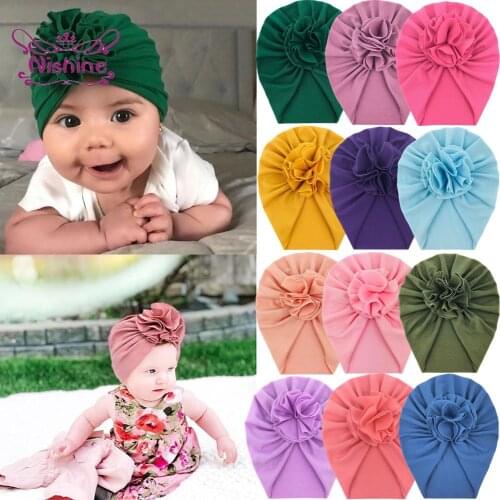 20*19 CM Solid Color Cotton Hat Baby Girls Fold Flower Beanie Spring and Autumn Keep Warm Knitted Caps Children Hair Accessories