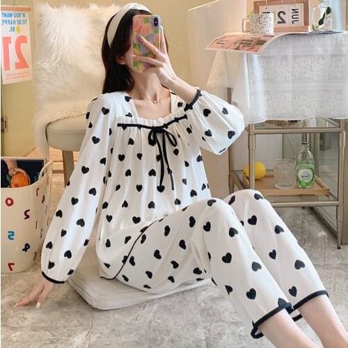 2021 Autumn Long Sleeve Cotton Print Pajama Sets for Women Korean Cute Sleepwear Suit Pyjamas Homewear Pijama Mujer Home Clothes