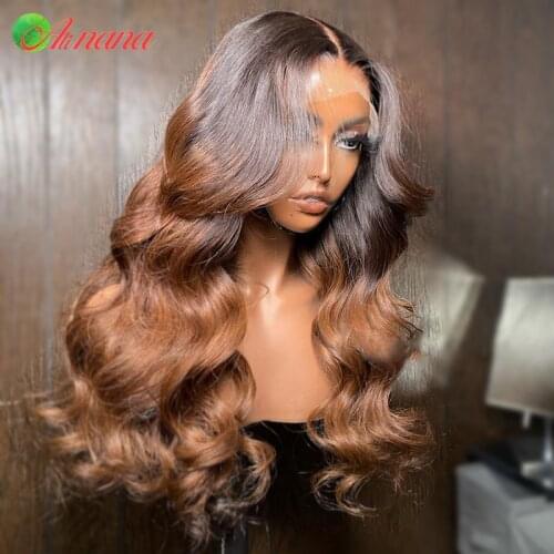 30" Ombre Brown Colored Human Hair Wig Lace Front Wigs Body Wave Remy Hair Transparent Lace Closure Wig For Women Pre-Plucked