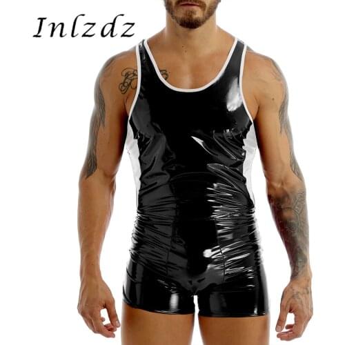 Mens Lingerie Sexy Bodysuit Wet Look Patent Leather Design U Neck Backless Skin-Tight Leotard Short Bodysuit Jumpsuit Clubwear