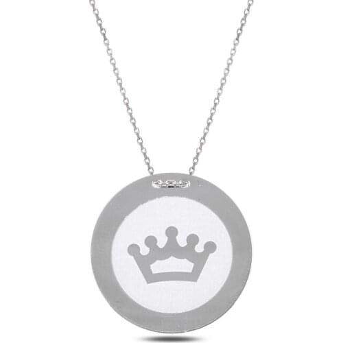 Silverlina Silver Crown Laser Round Plate Necklace