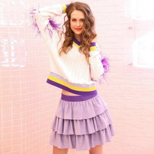 New Coming Sweet Feather Sweater Striped V Neck Beautiful Sports Top