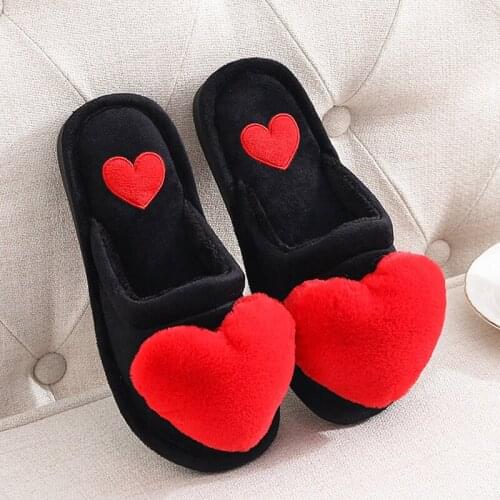 Women Warm Slippers Ladies Cotton Fashion Winter Flat Shoes Female Indoor Comfort Cute Love Heart Plush Non Slip Woman Slipper