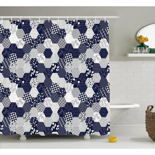 Navy Blue Decor Shower Curtain Octagon Patchwork Style Image with Dots Stars Squares Stripes Bath Curtains For Bathroom Bathtub