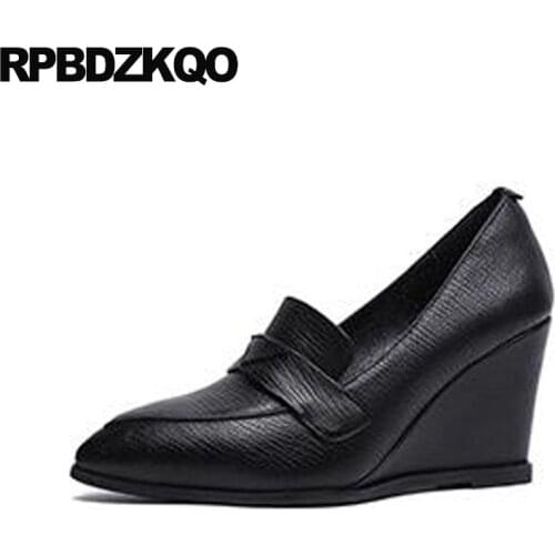 Pumps brand luxury women shoes genuine leather designer wedge 3 inch size 4 34 pointed toe 2019 high heels slip on quality black