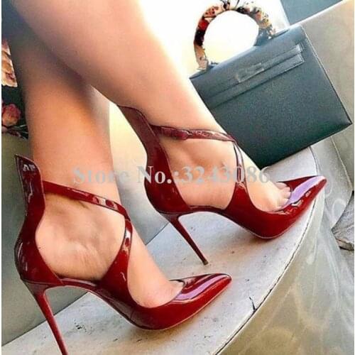 Wine Red Cross Strap Stiletto Heels Pumps Sexy Pointed Toe Patent Leather High Heels Dress Shoes Lady Large Size Banquet Shoes