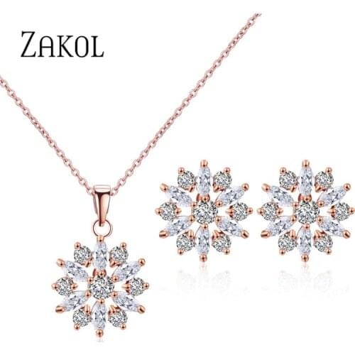 ZAKOL Casual Cubic Zirconia Flower Ring Earrings Necklace Set for Women Wedding Dinner Holiday Birthday Gift Jewelry FSSP3012