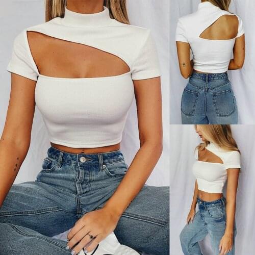Women Summer Sexy Hollow Out T-Shirt Solid Color Backless Short Sleeve Half High Collar Slim Cut Out Crop Top Wild Basic Shirt